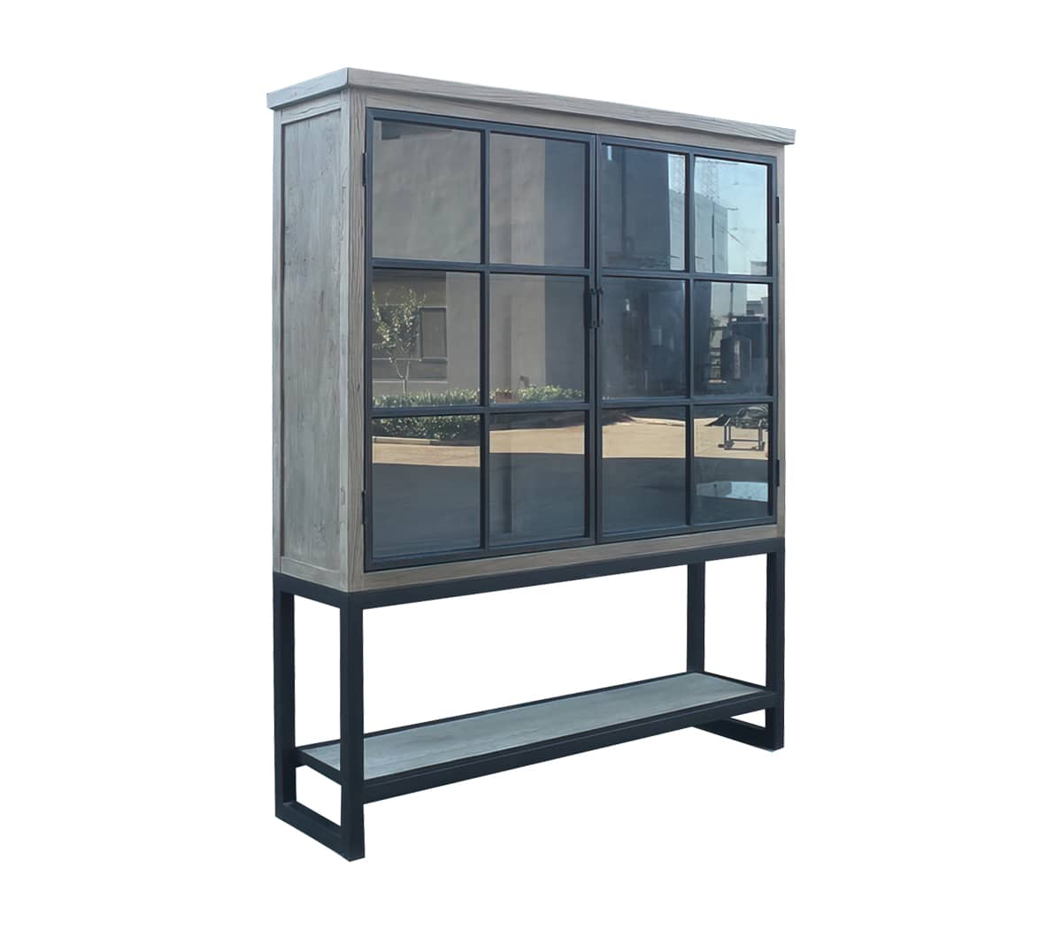 Vitrinekast-met-2-deuren-met-glas-zwart-onderstel