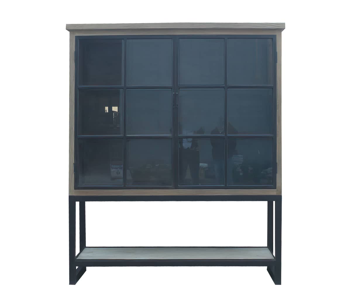 Vitrinekast-met-2-deuren-met-glas-zwart-onderstel